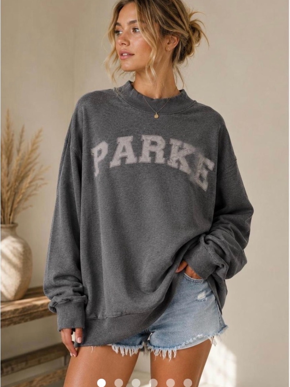 PARKE Varsity Mock Neck Sweatshirt in Dark Gray.